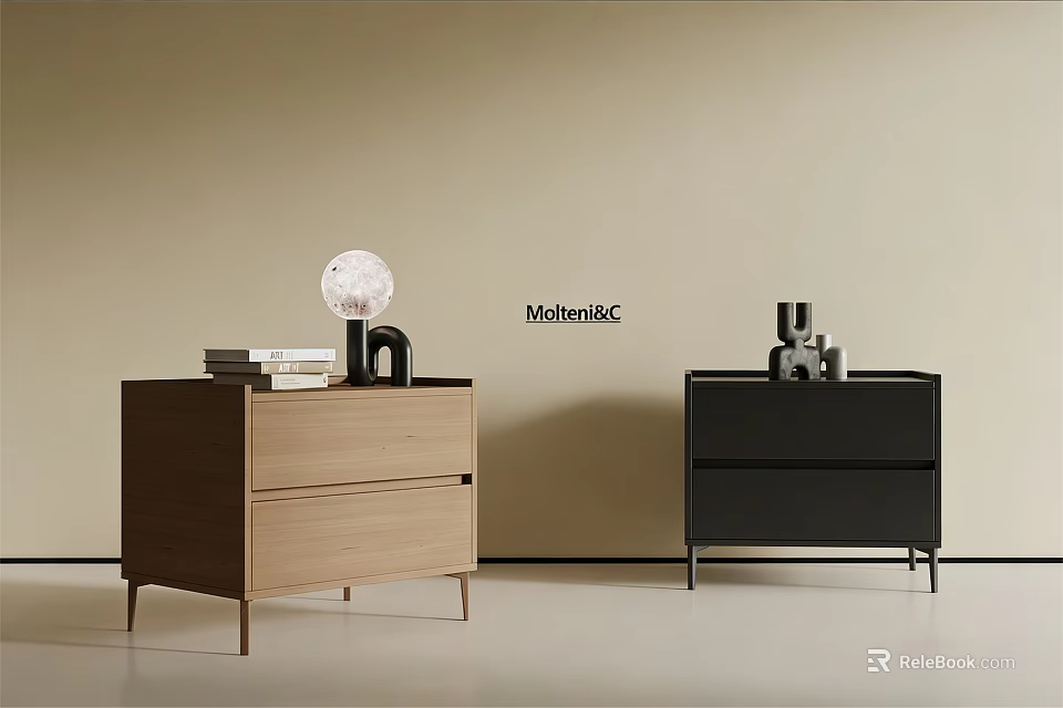 Modern Light Wood and Black Bedside Tables with Books Lamp and Decorative Ornaments 3d model 