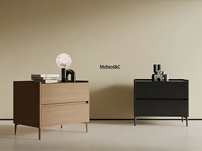 Modern Light Wood and Black Bedside Tables with Books Lamp and Decorative Ornaments 3d model