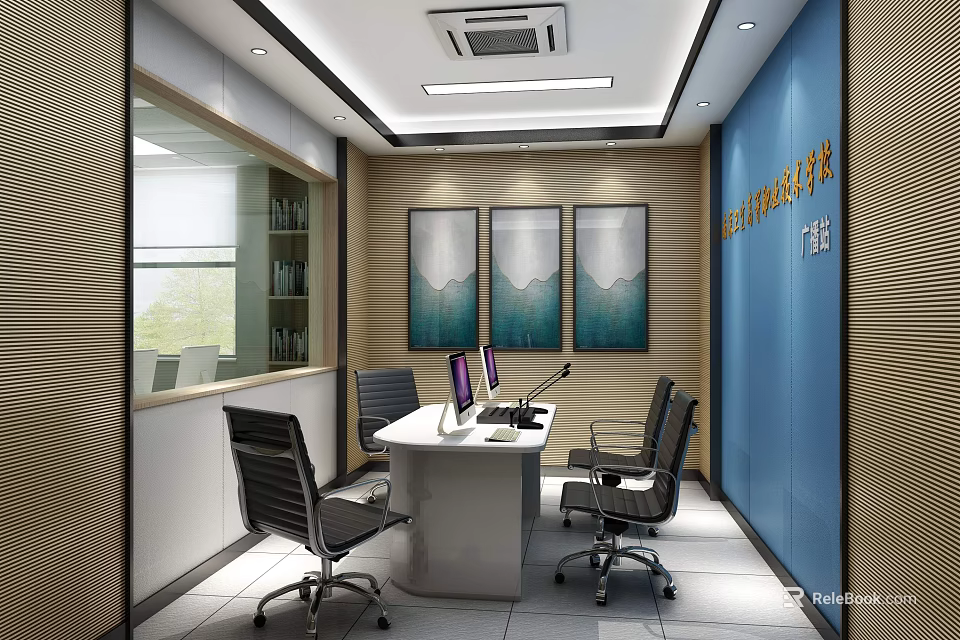 Modern Public Office Workspace With White Desk Black Chairs Computers Three Paintings And Blue Wall 3d model 
