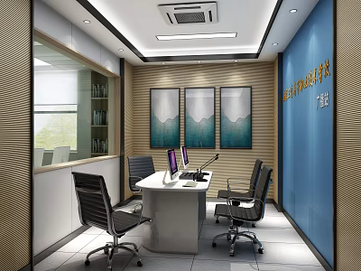 Modern Public Office Workspace With White Desk Black Chairs Computers Three Paintings And Blue Wall 3d model