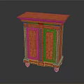 Orange Carved Cabinet With Red Top And Decorative Double Doors On Wheels