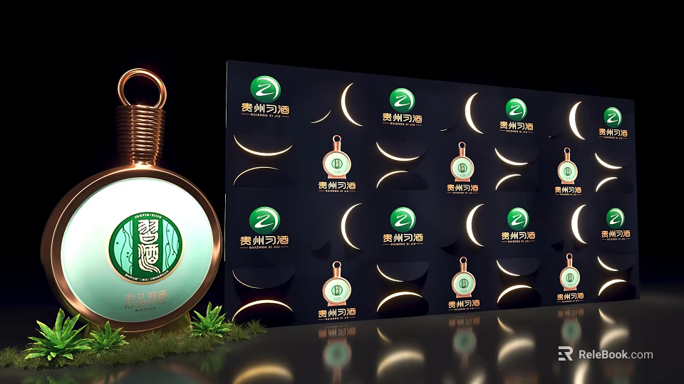 Moon Themed Pendant Ornaments Display With Green Logo And Stand Design 3d model 