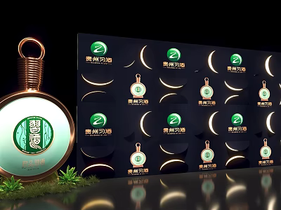 Moon Themed Pendant Ornaments Display With Green Logo And Stand Design 3d model