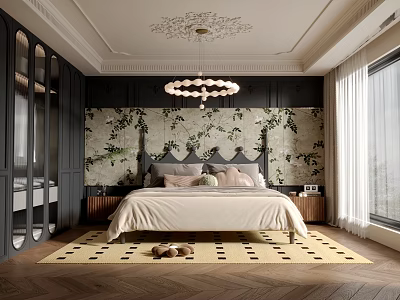 Elegant Bedroom Interior With Green Patterned Wallpaper Chandelier Large Bed And Wooden Floor Rug 3d model