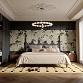 Elegant Bedroom Interior With Green Patterned Wallpaper Chandelier Large Bed And Wooden Floor Rug