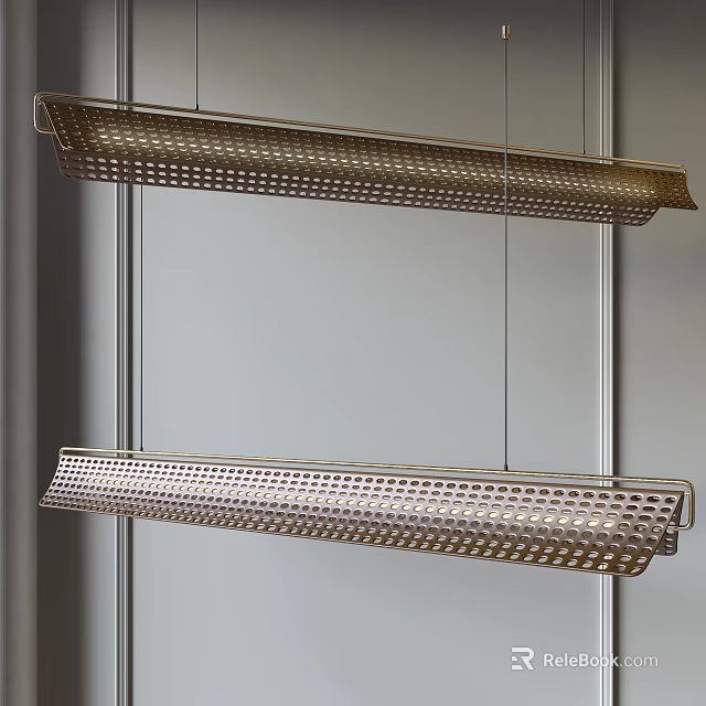 Two Modern Long Rectangular Metal Chandeliers With Perforated Design Hanging On White Background 3d model