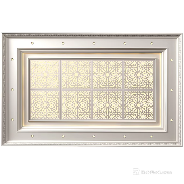 Ornate Ceiling Design With Intricate Carved Grid Patterns And Silver Frame Recessed Lighting 3d model