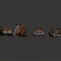 Rusted Old Vintage Car Models With Damaged Bodies And Scattered Parts On Dark Background