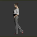 Woman Wearing Light Gray Top Black Corset Gray Pants And Red Shoes Against Dark Background