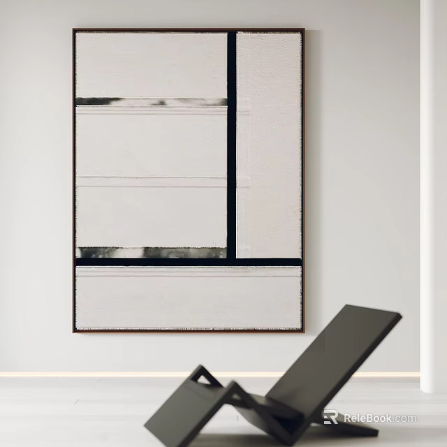 Abstract Painting with Black White Gray Tones Geometric Lines and Block Patterns in Minimalist Interior 3d model 