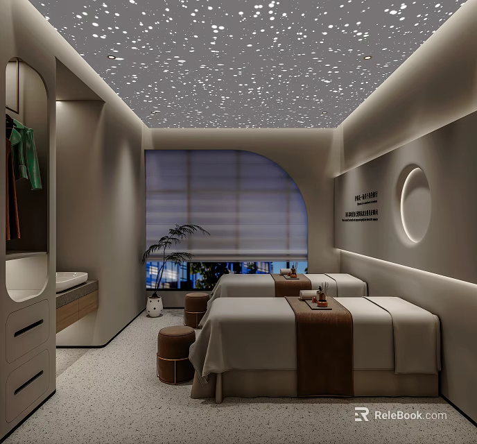 Modern Elegant Beauty Salon Interior Design With Treatment Beds Starry Ceiling And Plants 3d model 