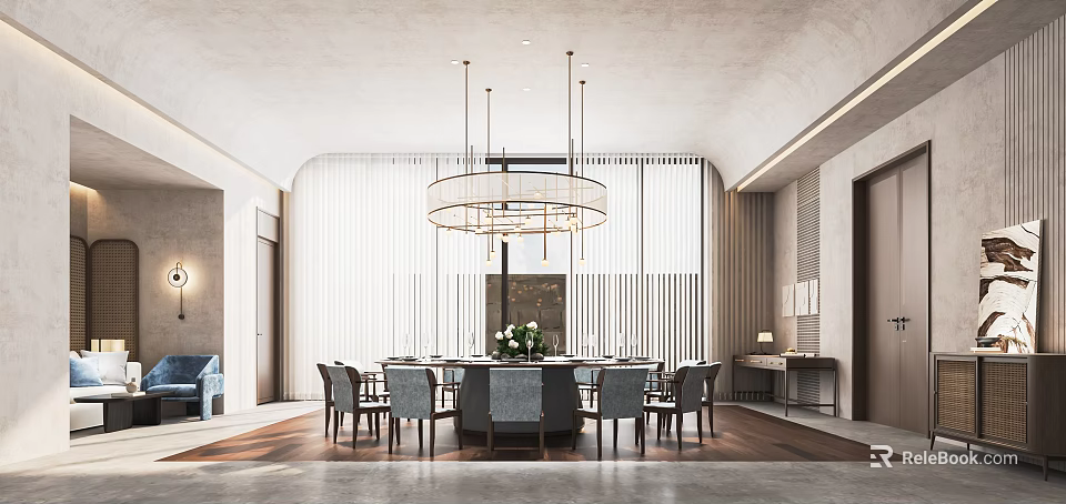 Private Dining Room Modern Interior With Round Table Comfortable Chairs Hanging Chandelier And White Curtains 3d model 