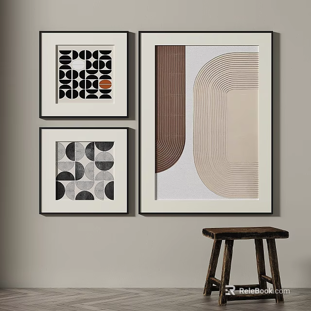 Abstract Paintings Geometric Shapes Lines Black White Brown Beige Framed Wall Decor 3d model 