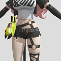 Woman With Pink Hair And Rabbit Ears In Black White Outfit With Yellow Waist Accessory