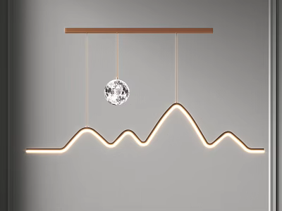 Modern Creative Pendant Light With Wooden Bar Wave Shaped LED Strip And Crystal Ball Decoration 3d model