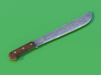 Old Long Blade Kitchen Knife With Wooden Handle On Green Background 3d model