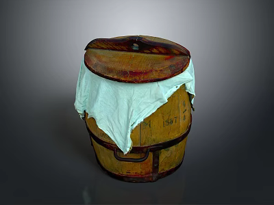 Rustic Style Wooden Wine Barrel Wooden Barrel Metal with White Cloth Texture Age Sense Country Container Handicrafts Barrel Pot Container 3d model