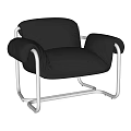 Modern Black Leather Leisure Chair With Silver Metal Frame Padded Armrests And Contemporary Design