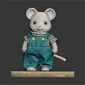 Cute Mouse Stuffed Doll Wearing Green Overalls And Plaid Shirt Standing On Wooden Base