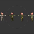 Pig Characters in Camouflage Outfits Standing with Arms Extended on Dark Background with Reflections