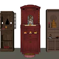 Buddhist Shrine Cabinets in Red Brown Light Wood with Buddha Statues and Offerings
