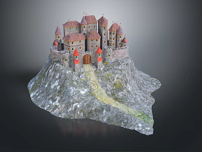 Cartoon Castle on Rocky Mountain with Red Towers Brown Roofs and Pathway Leading to Gate 3d model