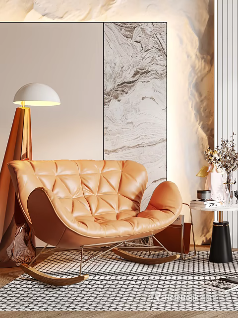 Modern Elegant Orange Leather Diamond Tufted Leisure Chair With Floor Lamp And Marble Wall Art 3d model 