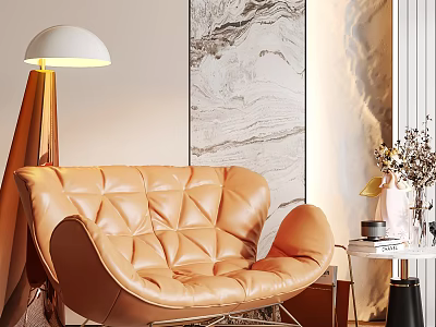 Modern Elegant Orange Leather Diamond Tufted Leisure Chair With Floor Lamp And Marble Wall Art 3d model