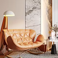 Modern Elegant Orange Leather Diamond Tufted Leisure Chair With Floor Lamp And Marble Wall Art
