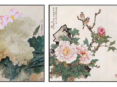 Traditional Chinese Botanical Paintings Featuring Lotus Peony Birds And Green Leaves 3d model