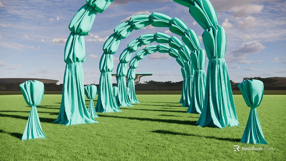 Green Fabric Event Entrance Arch With Multiple Arches In Outdoor Grass Field 3d model 