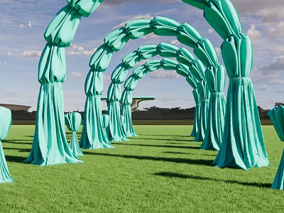 Green Fabric Event Entrance Arch With Multiple Arches In Outdoor Grass Field 3d model