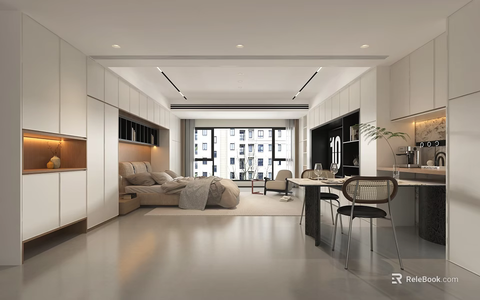 Modern Apartment Interior With Open Layout Living Space Kitchen And Large Windows 3d model 
