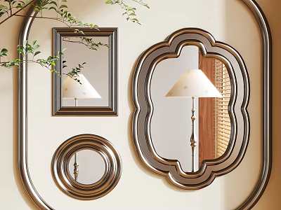 Stylish Decorative Wall Mirrors with Ornate Frames Round and Oval Shapes Reflecting Lamp and Greenery 3d model
