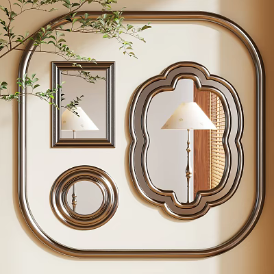 Stylish Decorative Wall Mirrors with Ornate Frames Round and Oval Shapes Reflecting Lamp and Greenery 3d model
