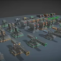 Various Weapon Models With Different Firearms And Green Orange Indicators Arranged On Gray Platform