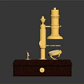 Golden Microscope Model On Brown Base With Drawer And Small Tool