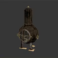 Rusty Metal Stove with Cylindrical Chimney Grilled Door and Short Legs on Wooden Base