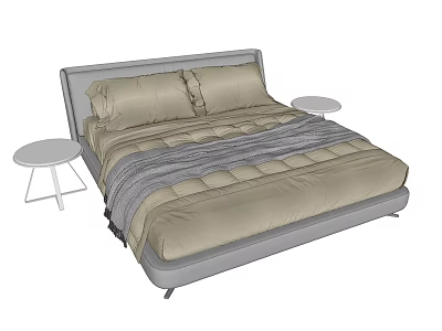 Modern Double Bed With Beige Bedding Gray Headboard And White Round Nightstands 3d model