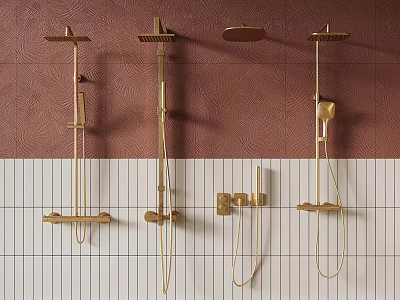 Golden Bathroom Shower Fixtures Mounted on Brown and White Tiled Wall 3d model