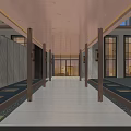 Modern Pergola Walkway with Columns Recessed Lighting Glass Walls and Polished Marble Floor