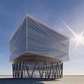 Modern Geometric Architectural Structure With Metal Support Columns And Sunset Sky