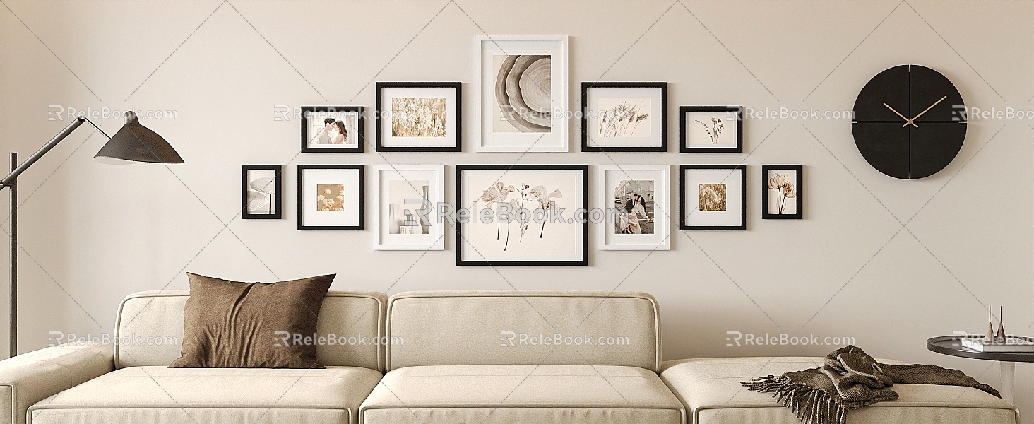 Picture Frame Combination Nordic Living Room Photo Frame Photo Frame Combination Simple Style Living Room Nordic Sofa Photo Wall Floor Lamp Nordic Living Room Simple European Living Room Wall Clock 3d model