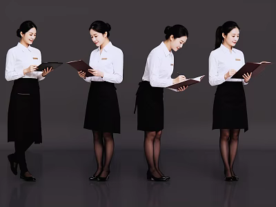 Multiple Women in White Shirts and Black Skirts Holding Documents in Work Attire 3d model