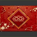 Red Decorative Ornament Set with Golden Infinity Symbol White Plum Blossoms and Cloud Patterns