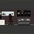 Modern Gaming Room Interior With Neon Lights Gaming Chair Sofa And PC Screens