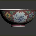 Red Ceramic Bowl With Colorful Floral Peony Patterns And White Rim