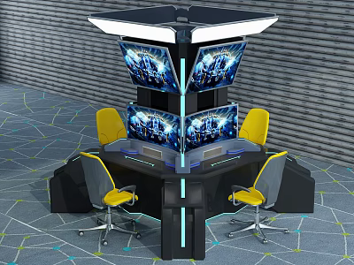 Futuristic Entertainment Table With Multiple Screens Yellow Chairs And Modern Design Features 3d model