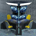 Futuristic Entertainment Table With Multiple Screens Yellow Chairs And Modern Design Features