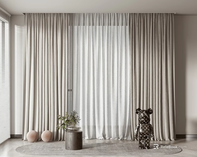 Soft Light Beige Curtains With Sheer Panels And Decorative Plant In Modern Interior 3d model 